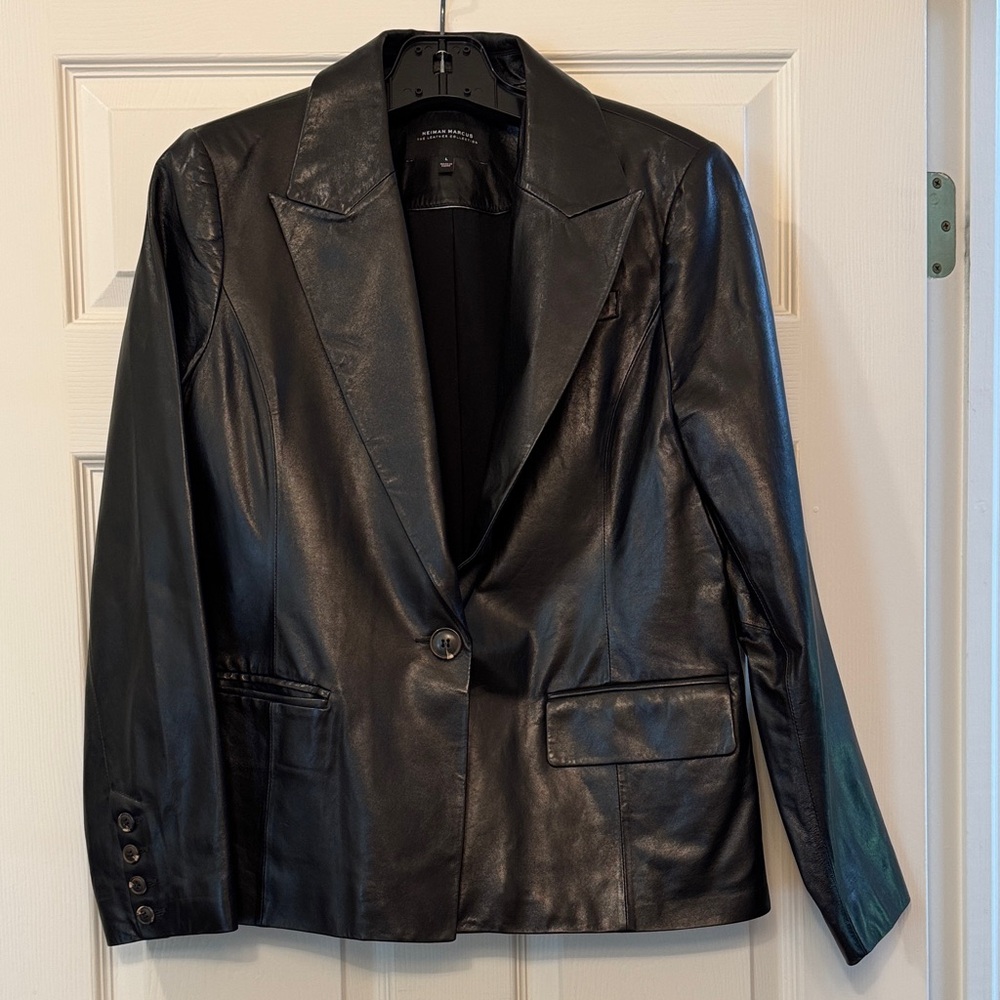Neiman Marcus Shiny Black Leather Blazer